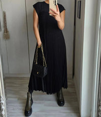 Damen Plissee-Kleid elegant einfarbig knielang – Schwarz