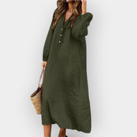 Bequemes V-Ausschnitt Damen Leinenkleid – Grün