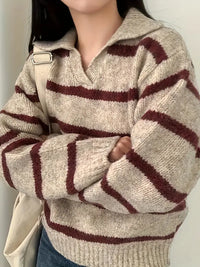 Seydalah | Gestreifter Strickpullover mit V-Ausschnitt - Eleganter Pullover mit langen Ärmeln – Kastanienbraun gestreift