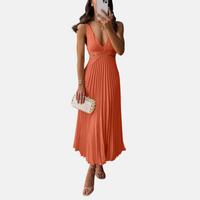 Maxikleid für Damen - Plissee-Kleid mit V-Ausschnitt für Sommer – Orange