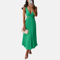 Maxikleid für Damen - Plissee-Kleid mit V-Ausschnitt für Sommer – Grün