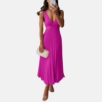 Maxikleid für Damen - Plissee-Kleid mit V-Ausschnitt für Sommer – Rosa