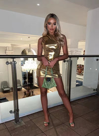 Franziska | Metallic Glamour One Shoulder Mini Dress – Gold