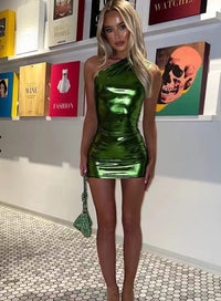 Franziska | Metallic Glamour One Shoulder Mini Dress – Grün