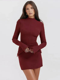 Damen Langarm Mini Etui Kleid – Bordeaux