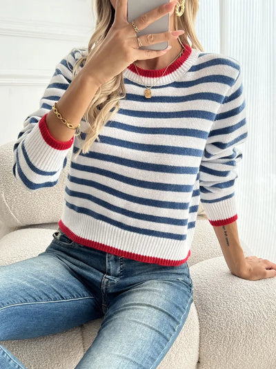 Seygulah | Kontrastfarbener gestreifter Pullover mit Rundhalsausschnitt - elegante lange Ärmel