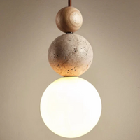 Moderne Pendelleuchte aus Travertin und Mahagoni – Hängelampe für Esszimmer, Wohnzimmer und Küche – Creme-Weiß-Holz
