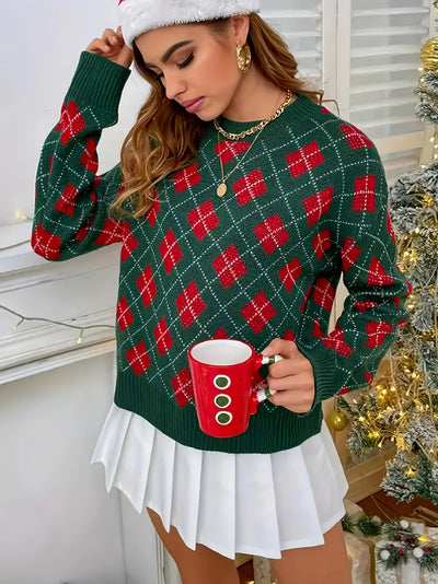 Keymaris | Weihnachtlicher karierter Pullover mit Rundhalsausschnitt, lässiger Pullover mit langen Ärmeln