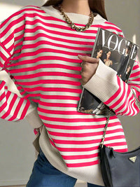 Damen Strickpullover Gestreift Oversize | Warmer Winterpullover mit Rundhals- und V-Ausschnitt – Rosa