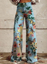 Bequeme Damen Palazzo-Hose mit floralem Muster – Blauer Wald