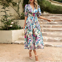 Blumenmuster Damen Maxikleid – Weiß/Blau/Rosa