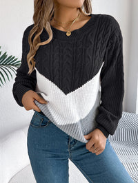 Damen Colorblock Pullover mit Rundhals | Casual Strick – Schwarz