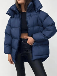 Iresira | Elegante schwarze Kapuzen-Pufferjacke für Frauen - dicker, warmer Wintermantel – Marine