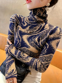 Dreineya | Gestreifter Farbiger Rollkragenpullover, eleganter schlanker Langarmpullover – Marine