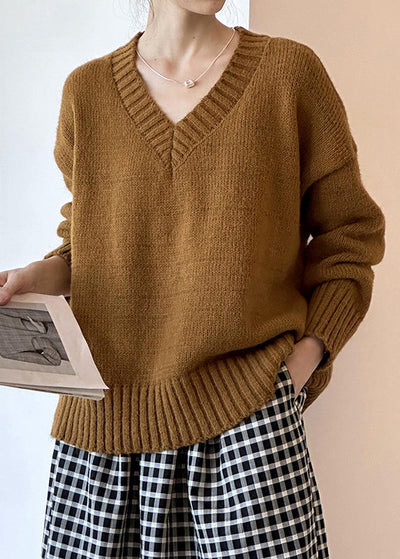Vysten | Brauner, ausgehöhlter, kuscheliger Baumwoll-Strickpullover mit langen Ärmeln