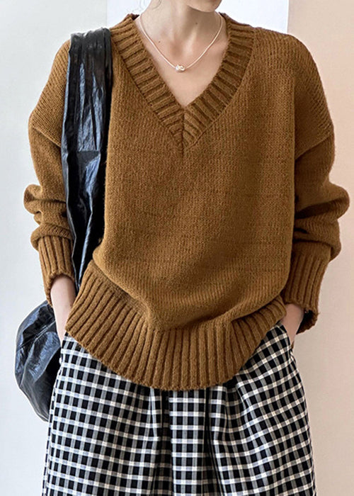 Vysten | Brauner, ausgehöhlter, kuscheliger Baumwoll-Strickpullover mit langen Ärmeln
