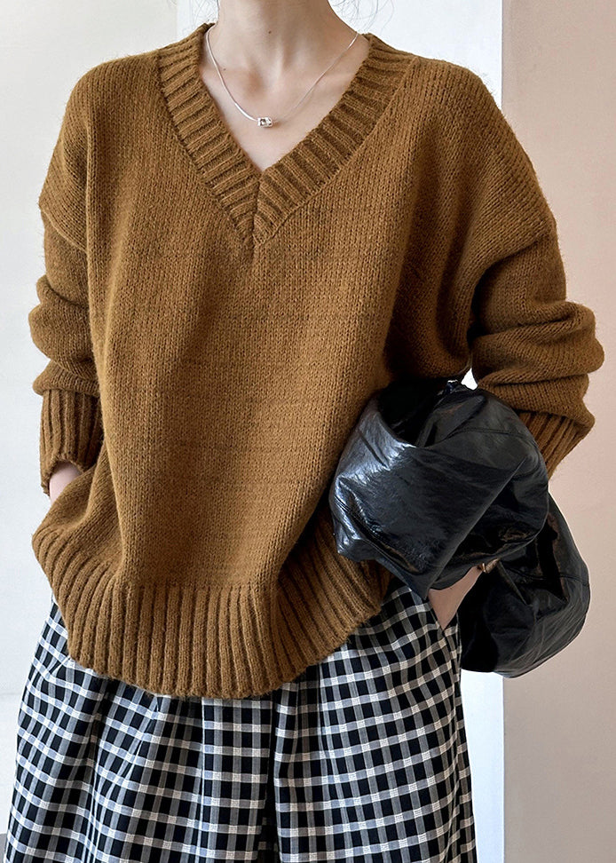 Vysten | Brauner, ausgehöhlter, kuscheliger Baumwoll-Strickpullover mit langen Ärmeln