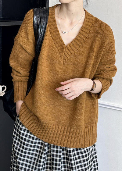 Vysten | Brauner, ausgehöhlter, kuscheliger Baumwoll-Strickpullover mit langen Ärmeln