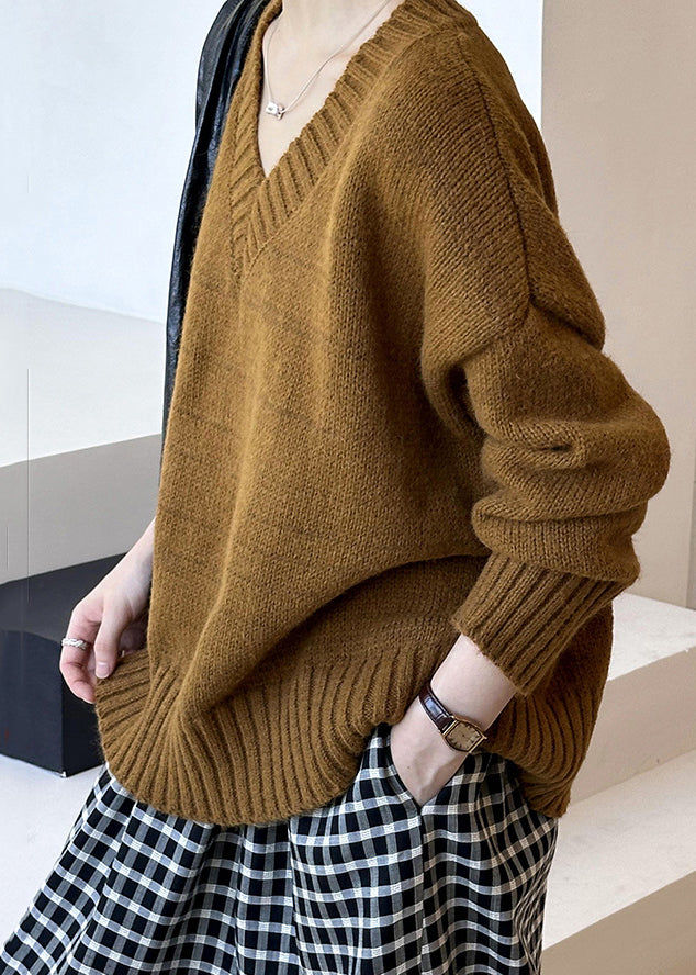 Vysten | Brauner, ausgehöhlter, kuscheliger Baumwoll-Strickpullover mit langen Ärmeln