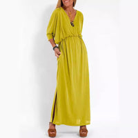 Sommerkleid für Damen - Luftiges Maxikleid mit 3/4 Ärmeln – Gelb
