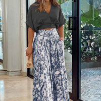 Heidi Mode | Zweiteiliges Set mit V-Ausschnitt und Hose mit weitem Bein – Schwarzer Anzug