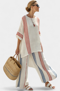 Aurelia | Elegantes, mehrfarbig gestreiftes Top & Mediterrane Hose – Mehrfarbige Streifen
