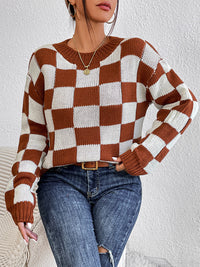 DAME KARIERTER RUNDHALS LANGARMPULLOVER | MODISCHER, BEQUEMER, VIELSEITIGER – Braun