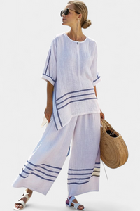 Adrielle | Elegantes gestreiftes asymmetrisches Oberteil & auffällige Hose – Flieder