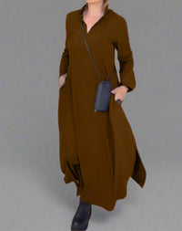 Sabine | Lockeres Langes Kleid mit Schlitz – Braun