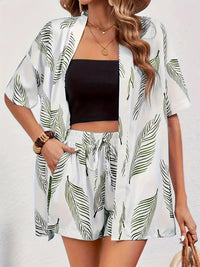 Hana | Damen Kimono-Set Shorts Blumenmuster Sommer – Weiß