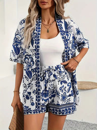 Hana | Damen Kimono-Set Shorts Blumenmuster Sommer – Marine