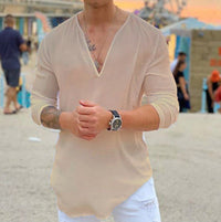 Herren lässiges V-Ausschnitt Langarmshirt – Khaki