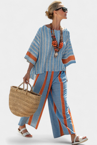 Celeste | Elegantes terrakotta-gestreiftes Top & Leinenhosen – Terrakotta-Streifen