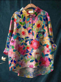 Tunika-Bluse für Damen - Longbluse mit tropischem Blumenmuster für den Sommer – Grün Rosa