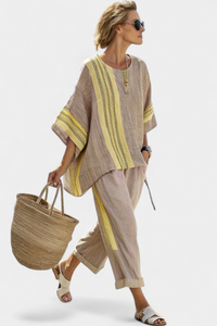 Isla | Elegantes Lavendel-Top & Senfgelb gestreifte Hose – Gelb