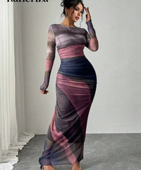 TORINA - Bequemes bedrucktes Maxikleid mit langen Ärmeln und Rundhalsausschnitt – Lila