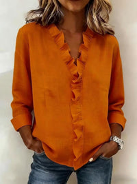 Brinae - Bluse mit weicher Haptik und langen Rüschenbesätzen am V-Ausschnitt – Orange