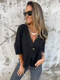 Damen Leichtes Leinenblazer mit kurzer Arm – Schwarz