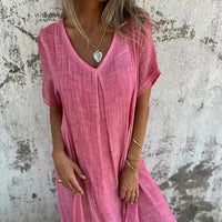 Tunika-Kleid für Damen - Lockeres Sommerkleid mit V-Ausschnitt – Rosa