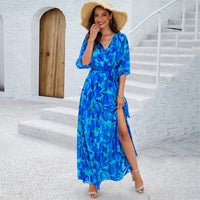 Tina | Blumenmuster Bauchfreundliches Maxikleid – Blau
