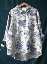 Tunika-Bluse für Damen - Longbluse mit tropischem Blumenmuster für den Sommer – Blau Weiß