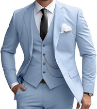 Herren dreiteiliger Anzug mit Revers Weste und flacher Hose – Himmelblau