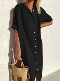 Heidi-Mode | Knopfkleid mit Weitem Ausschnitt und Schmalen Ärmeln, Elegant und Locker, für Frauen Baumwoll- und Leinenkleider – Schwarz