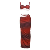 Heidi Mode | Rückenfreies kleines Hosenträgerweste Hüftrock-Set – Roter Druck