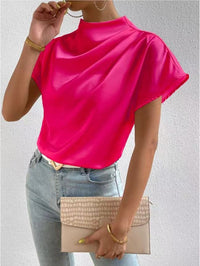 Damen satinierte Bluse mit elegantem Stehkragen – Magenta