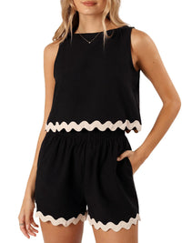 Heidi Mode | Zweiteiliges Oberteil und Shorts aus Leinen und Spitze – schwarz