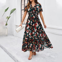 Raya | Florales Maxikleid mit Smock-Taille – Schwarz