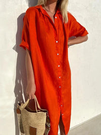 Heidi-Mode | Knopfkleid mit Weitem Ausschnitt und Schmalen Ärmeln, Elegant und Locker, für Frauen Baumwoll- und Leinenkleider – Rot