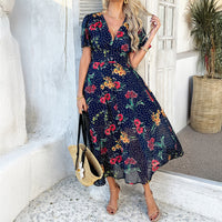 Cali | Florales Polka Dot V-Ausschnitt Maxikleid, das den Bauch kaschiert – Marine