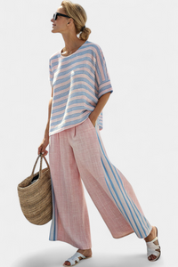 Aria | Elegante Bluse aus rosa-blauem Leinen & weiche Hose – Mehrfarbige Streifen
